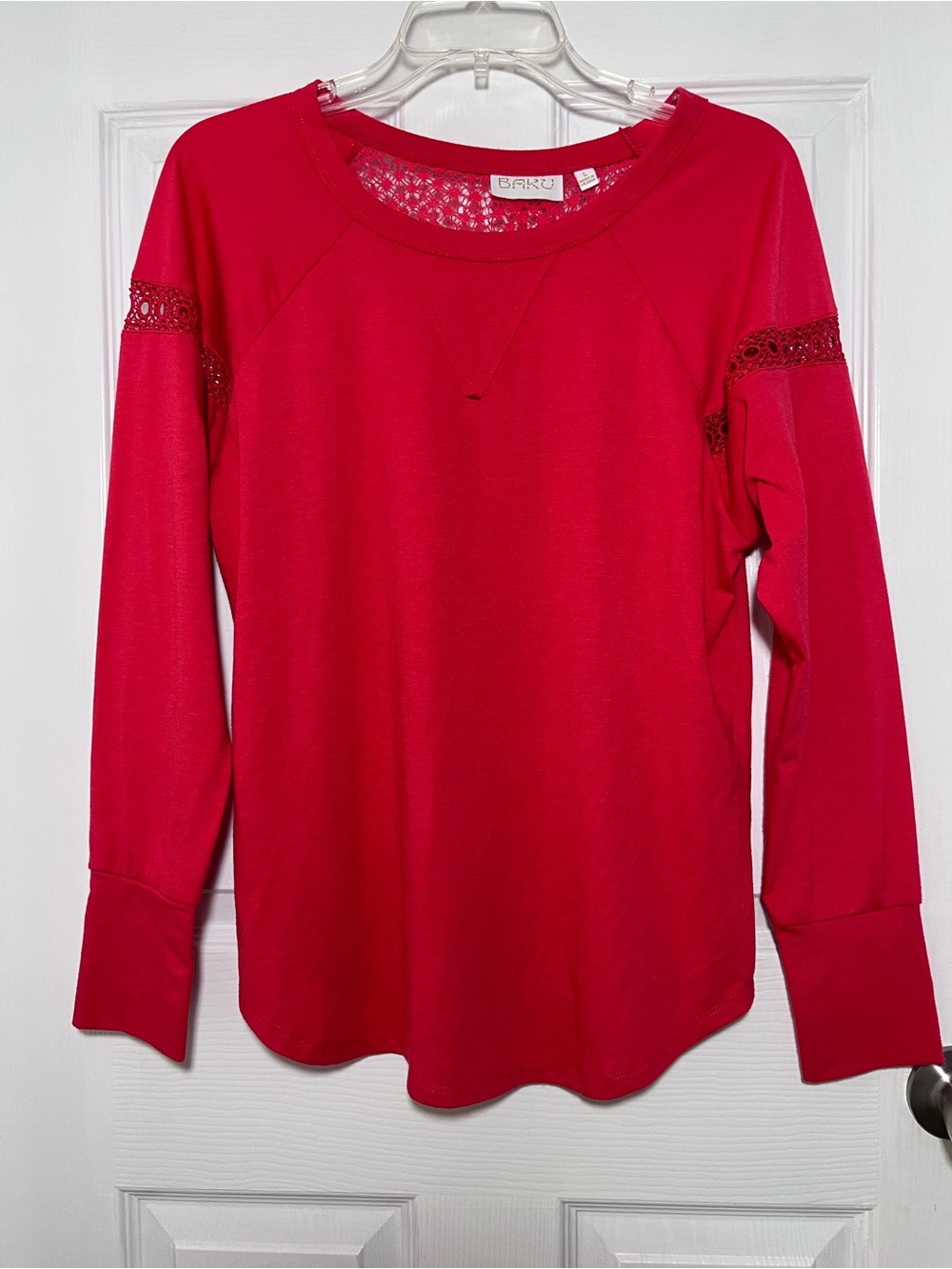Baku Orangish Red Women's Long-Sleeve Lace-Trim Top